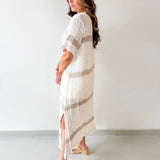 Woven Linen V Neck Knit Dress - Ivory/Multi