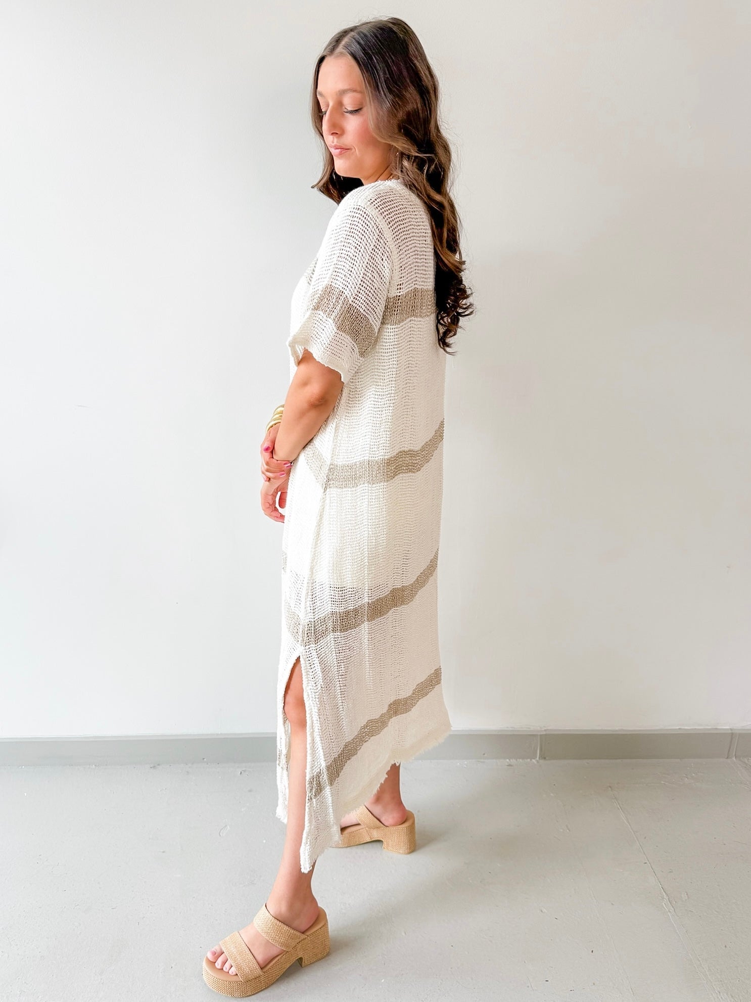 Woven Linen V Neck Knit Dress - Ivory/Multi