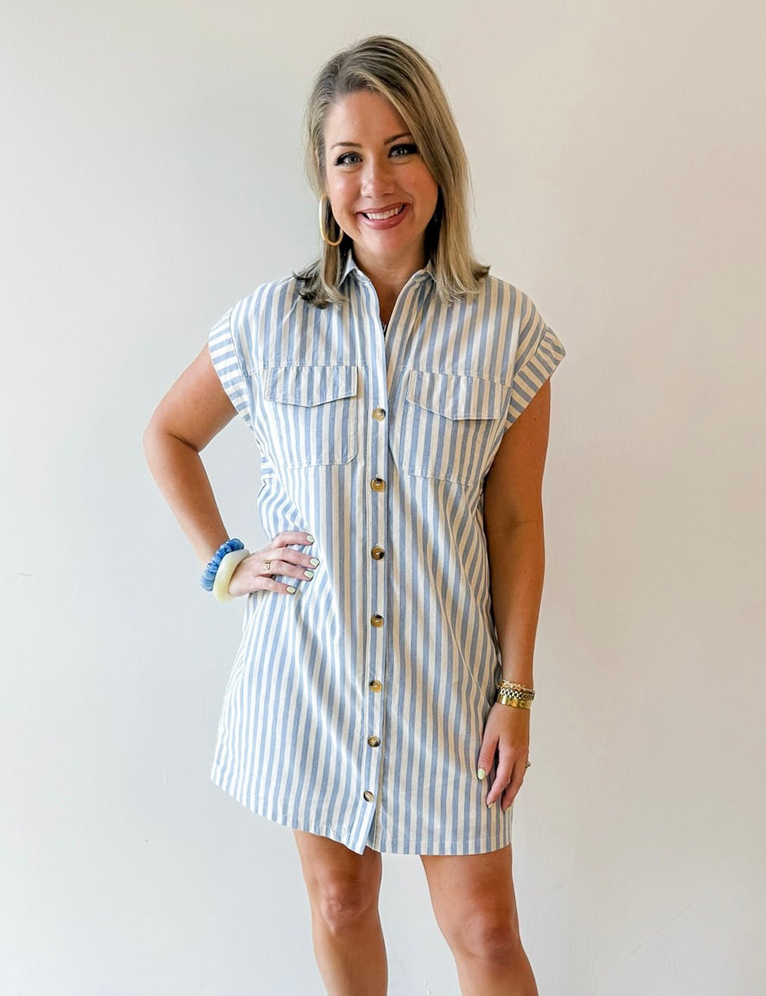 Woven Stripe Collared Dress - Blue