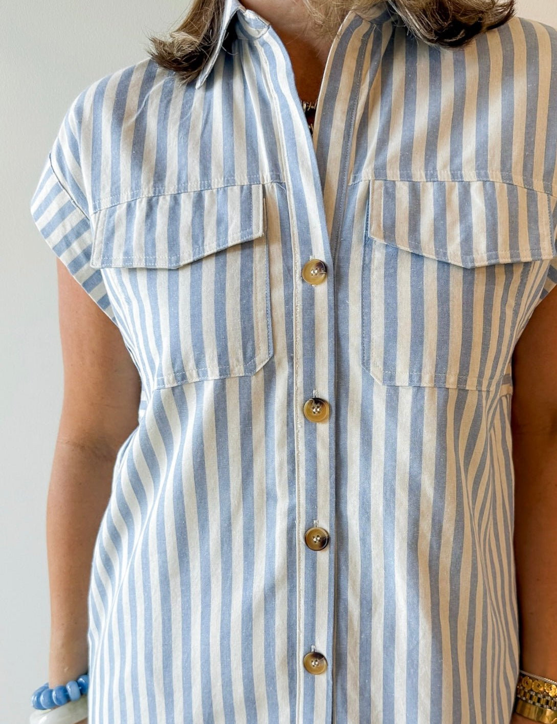 Woven Stripe Collared Dress - Blue