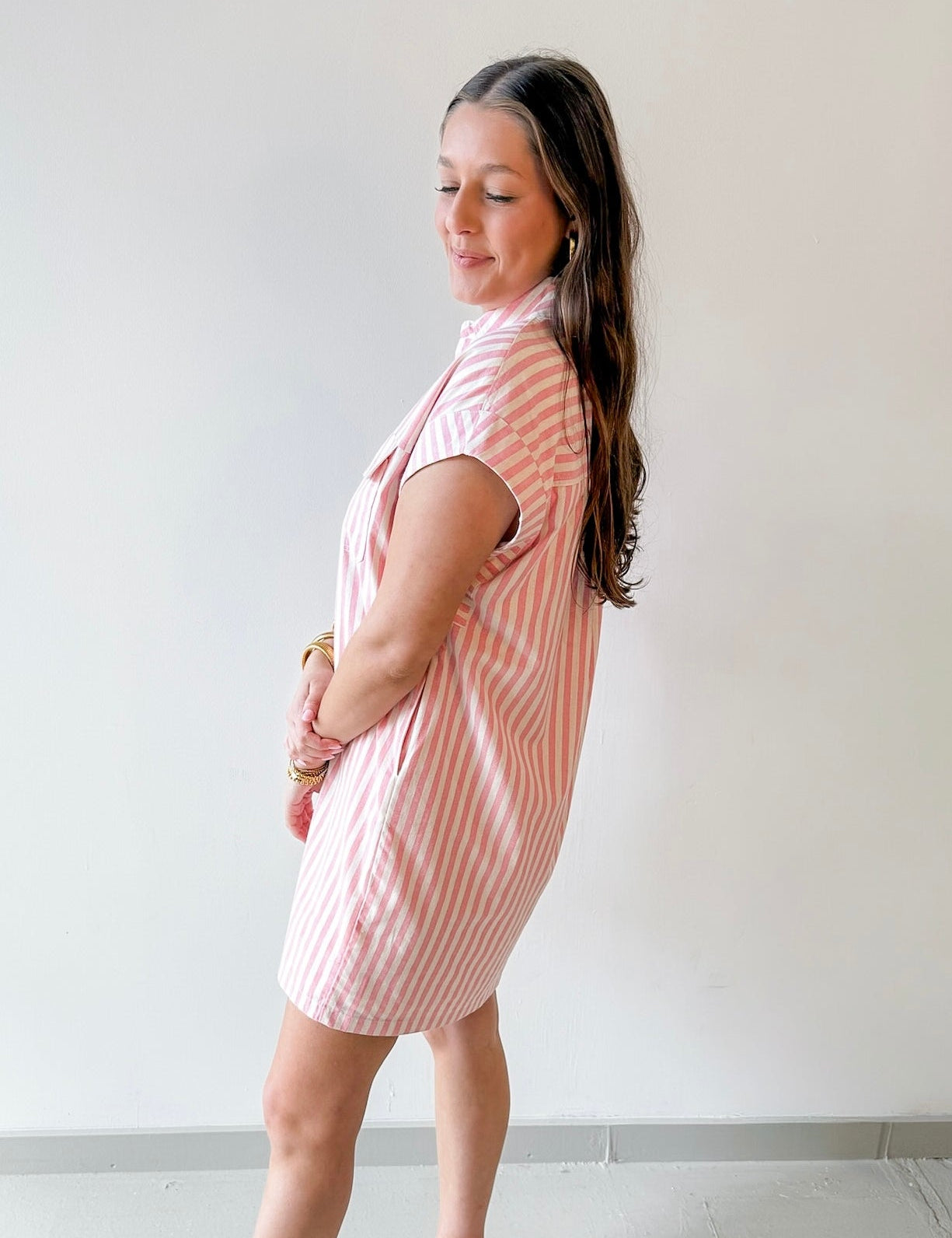 Woven Stripe Collared Dress - Pink