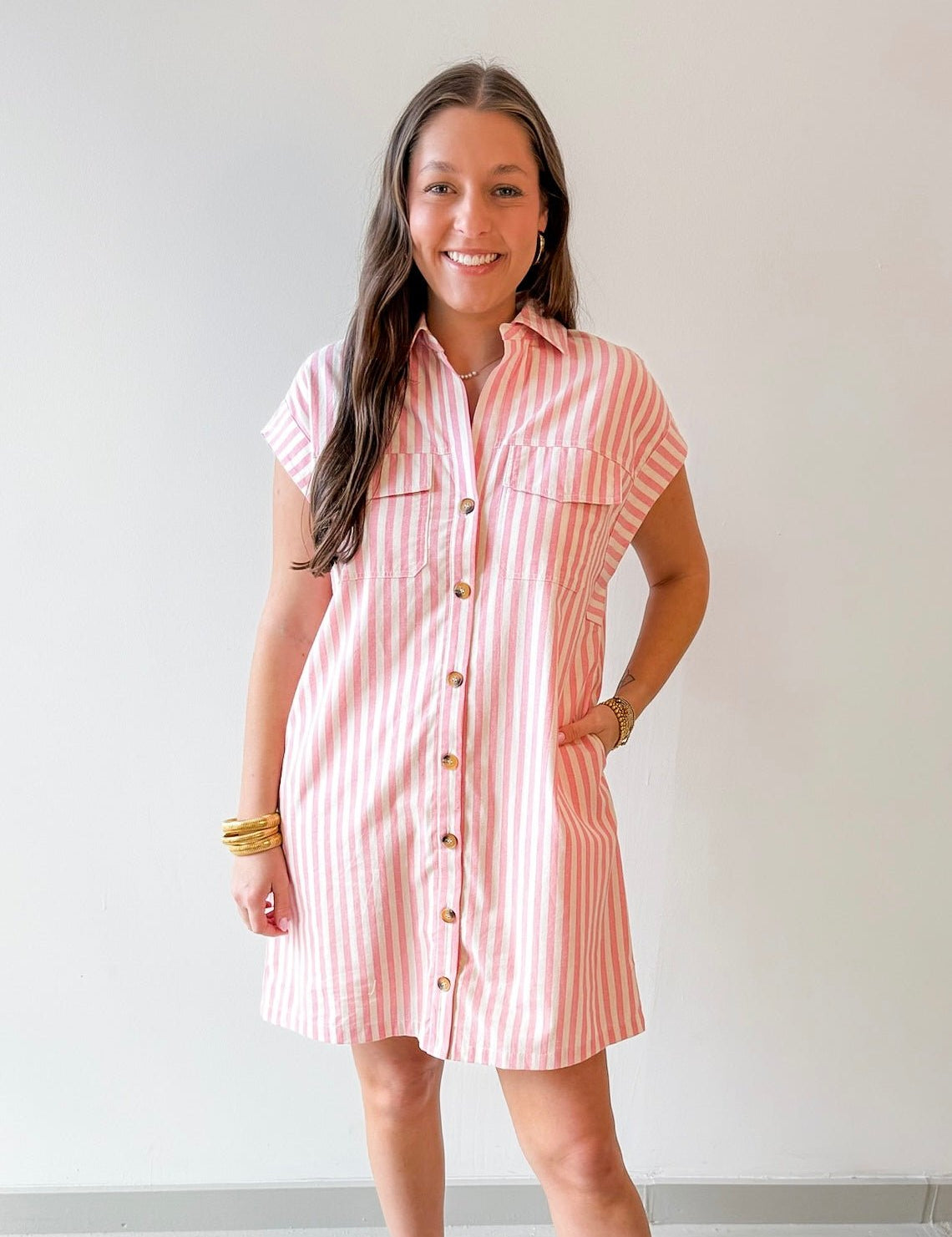 Woven Stripe Collared Dress - Pink