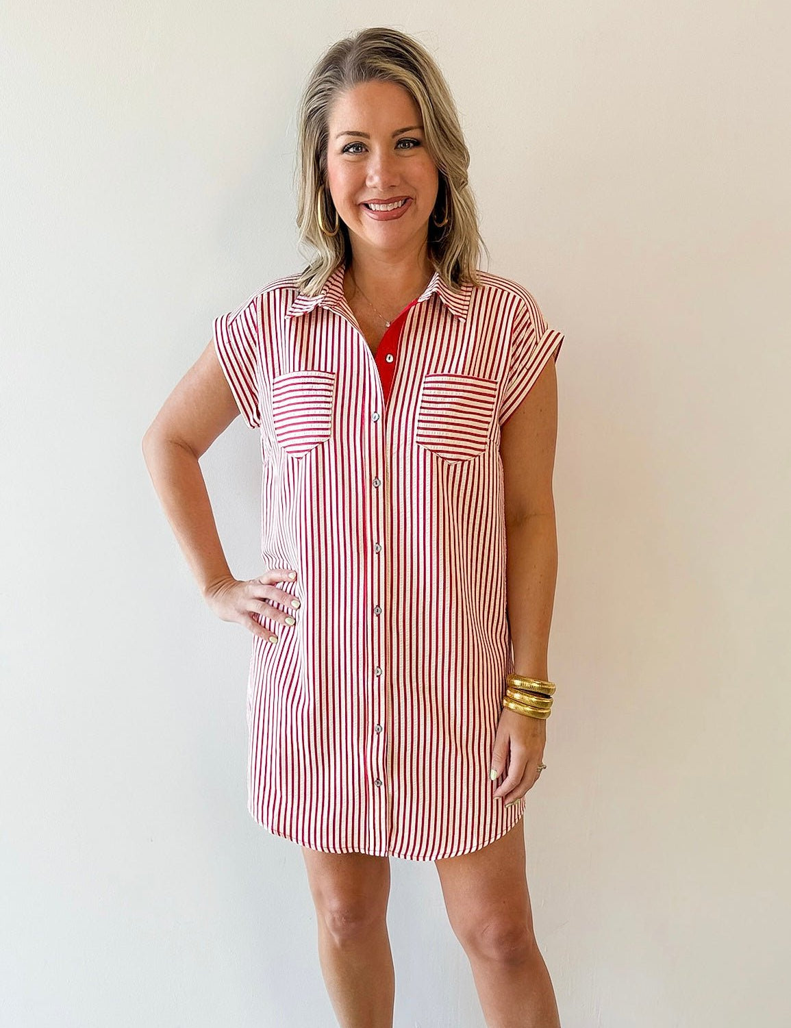 Woven Striped Mini Dress - Red