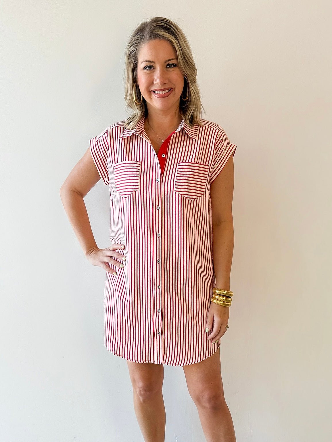 Woven Striped Mini Dress - Red