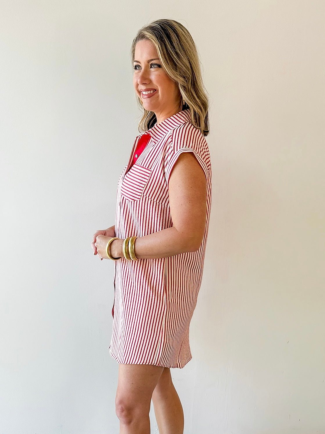 Woven Striped Mini Dress - Red