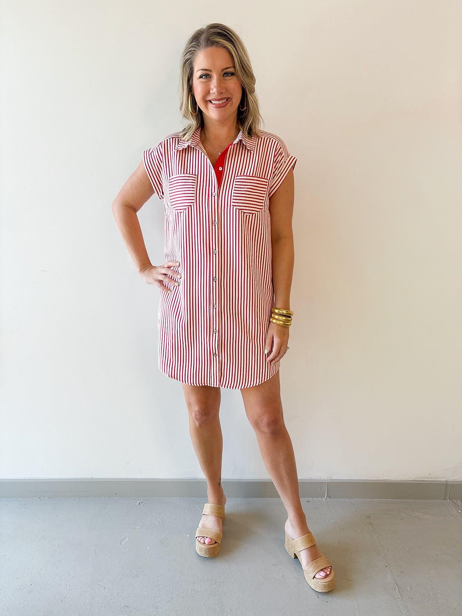 Woven Striped Mini Dress - Red