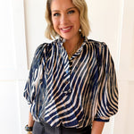 Zebra Balloon Sleeve Top - Navy