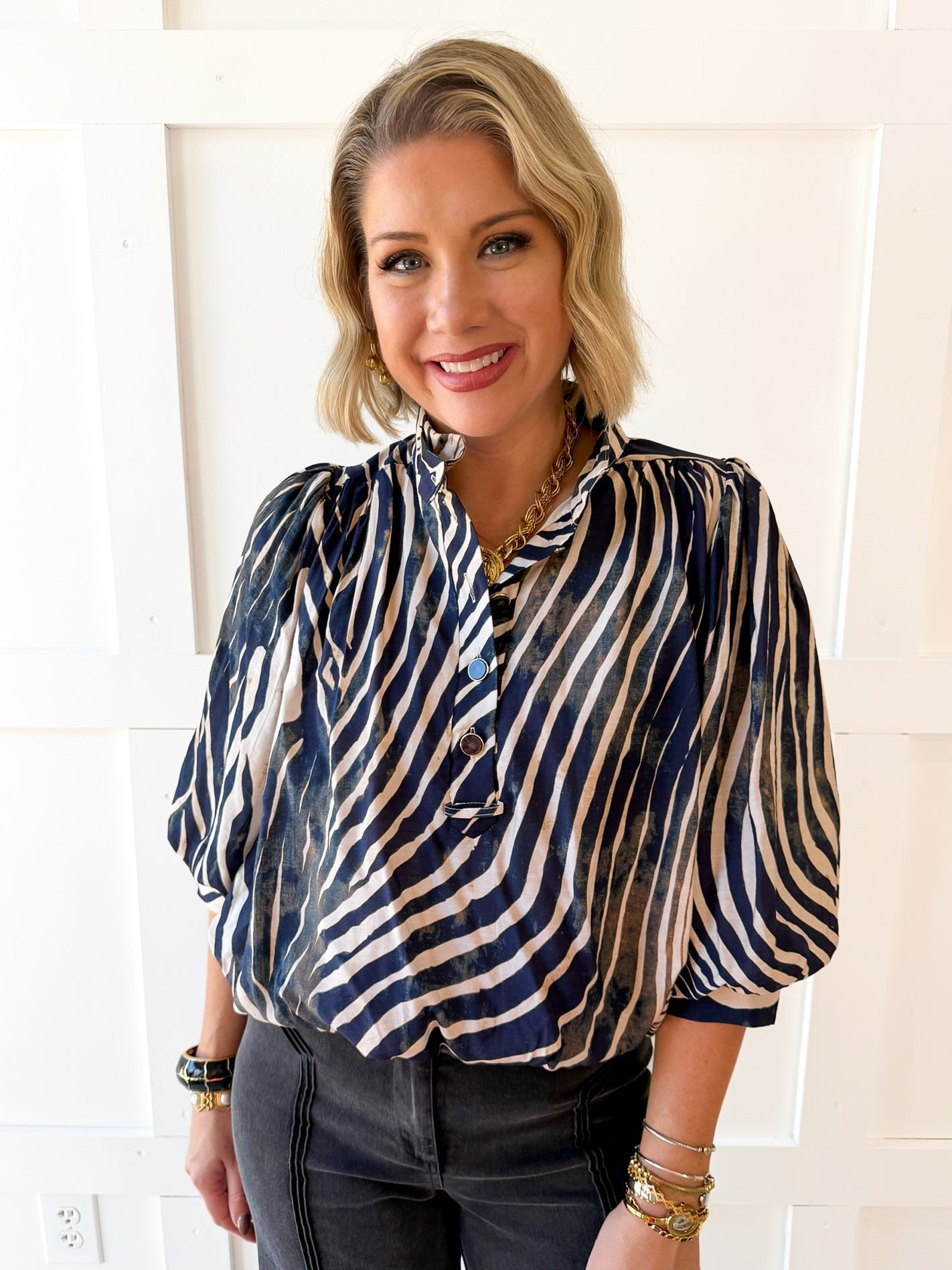 Zebra Balloon Sleeve Top - Navy