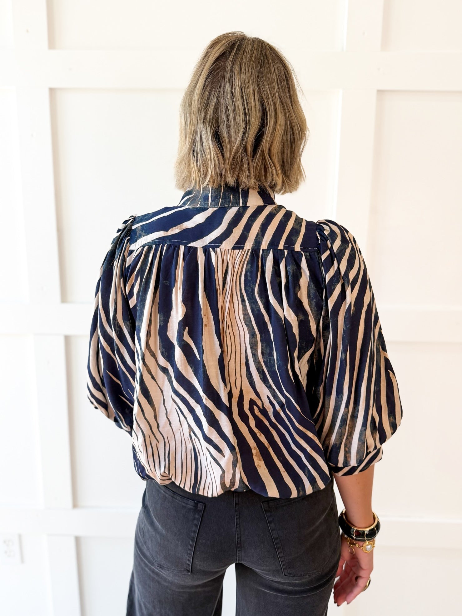 Zebra Balloon Sleeve Top - Navy