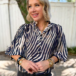 Zebra Balloon Sleeve Top - Navy