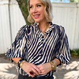 Zebra Balloon Sleeve Top - Navy