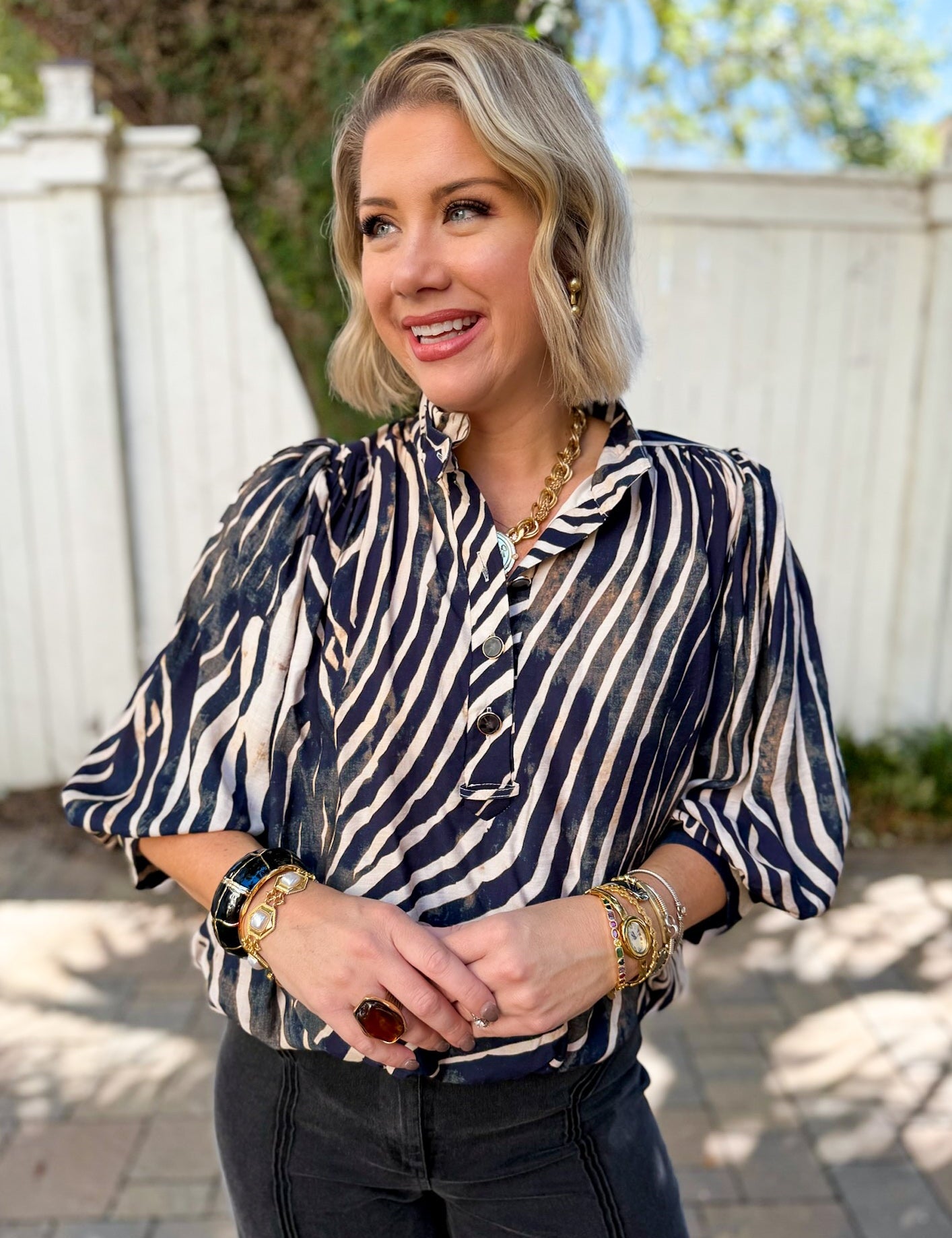 Zebra Balloon Sleeve Top - Navy