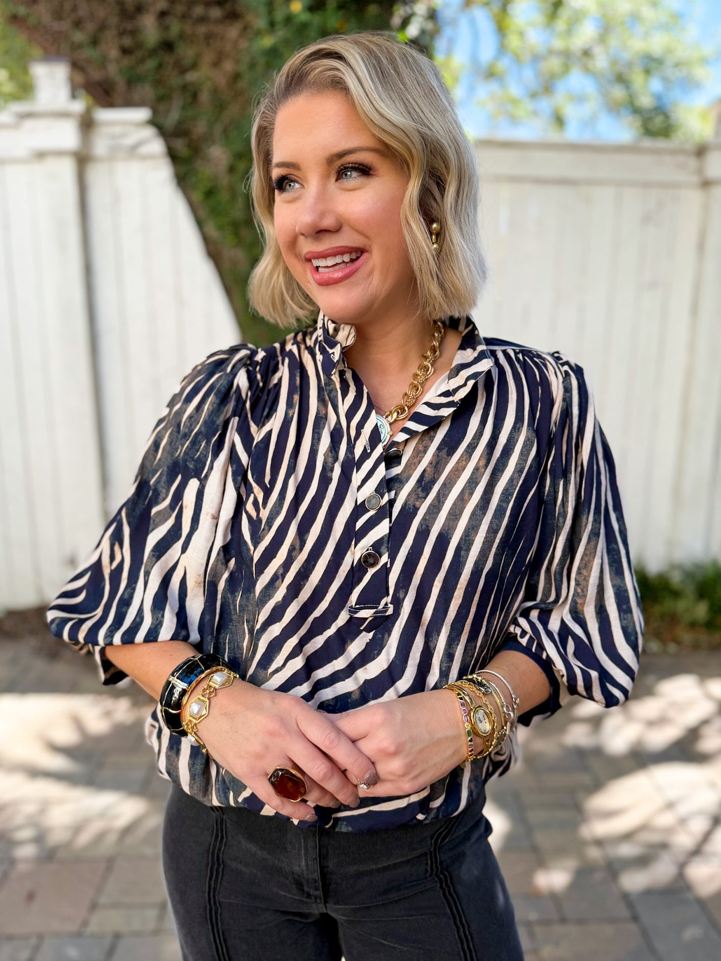 Zebra Balloon Sleeve Top - Navy