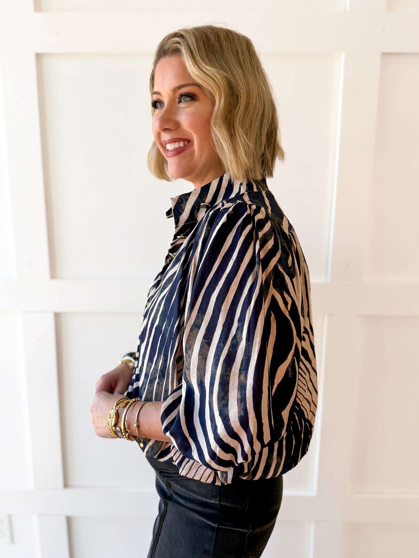Zebra Balloon Sleeve Top - Navy