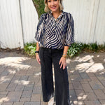 Zebra Balloon Sleeve Top - Navy