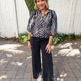 Zebra Balloon Sleeve Top - Navy