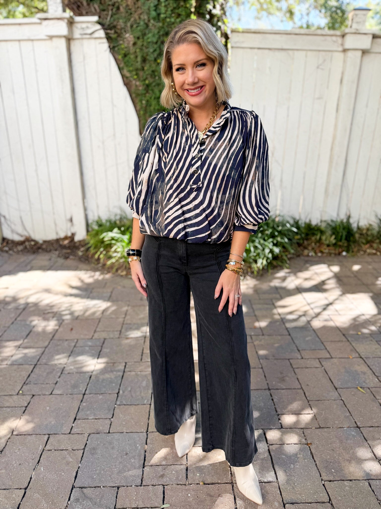 Zebra Balloon Sleeve Top - Navy