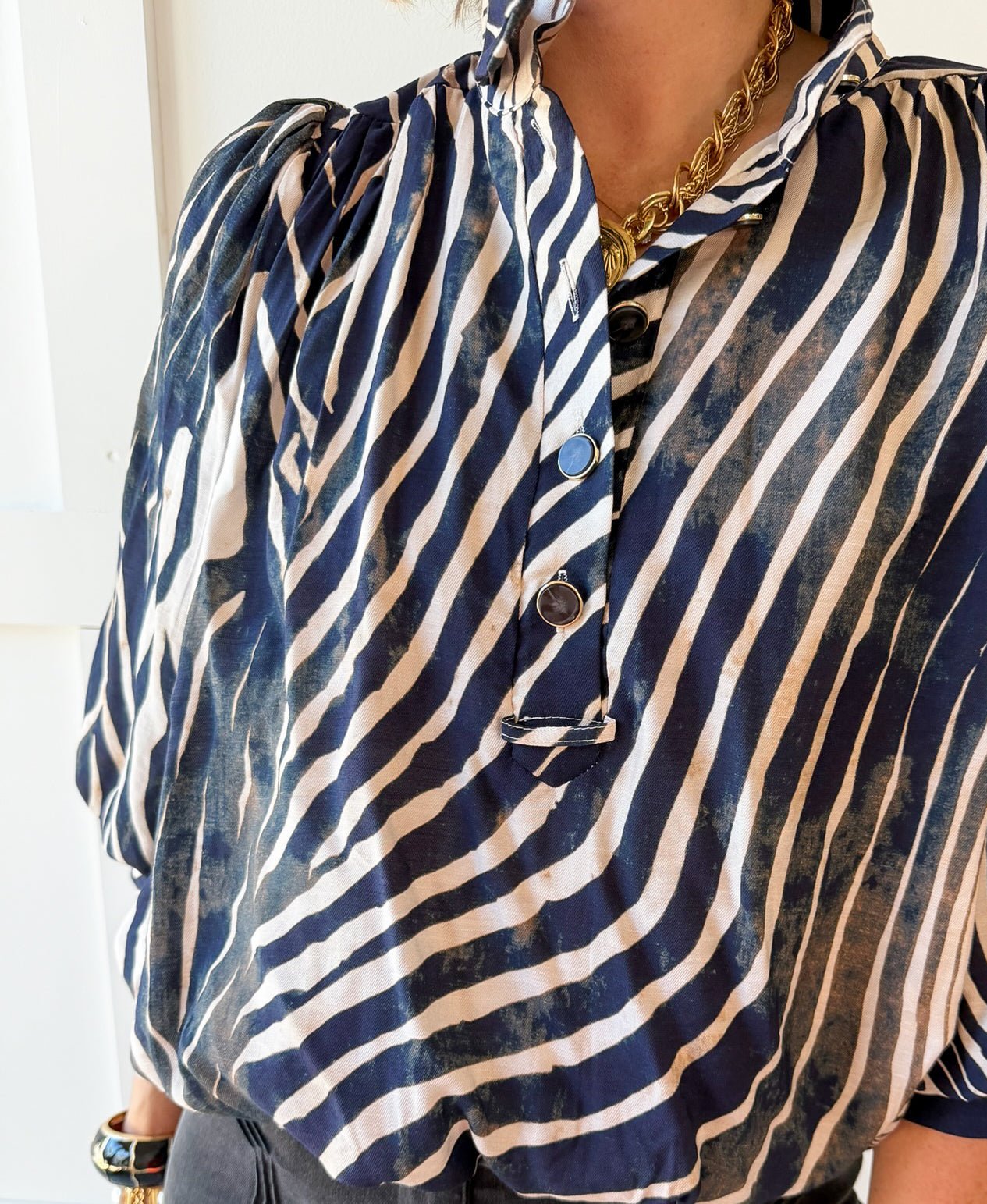 Zebra Balloon Sleeve Top - Navy