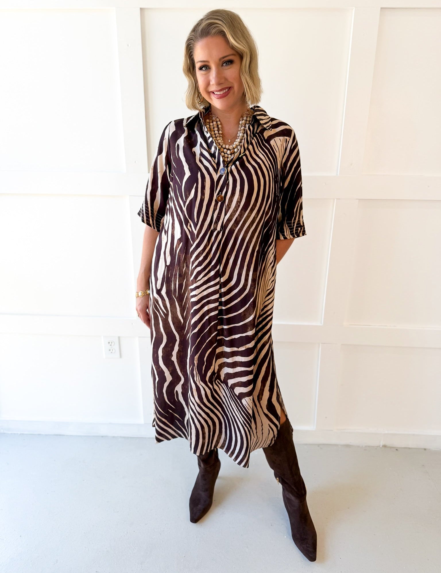 Zebra Print Flowy Midi Dress - Brown