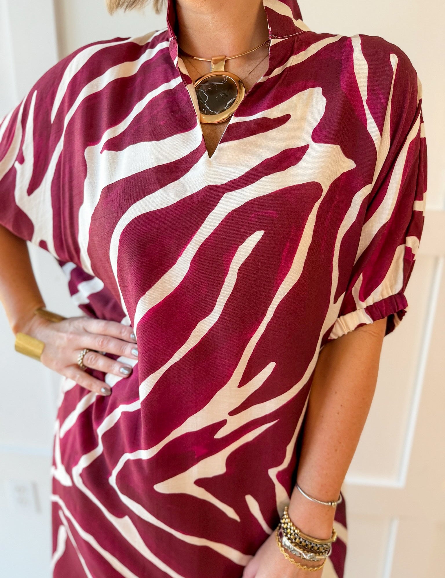 Zebra Print Midi Dress - Merlot