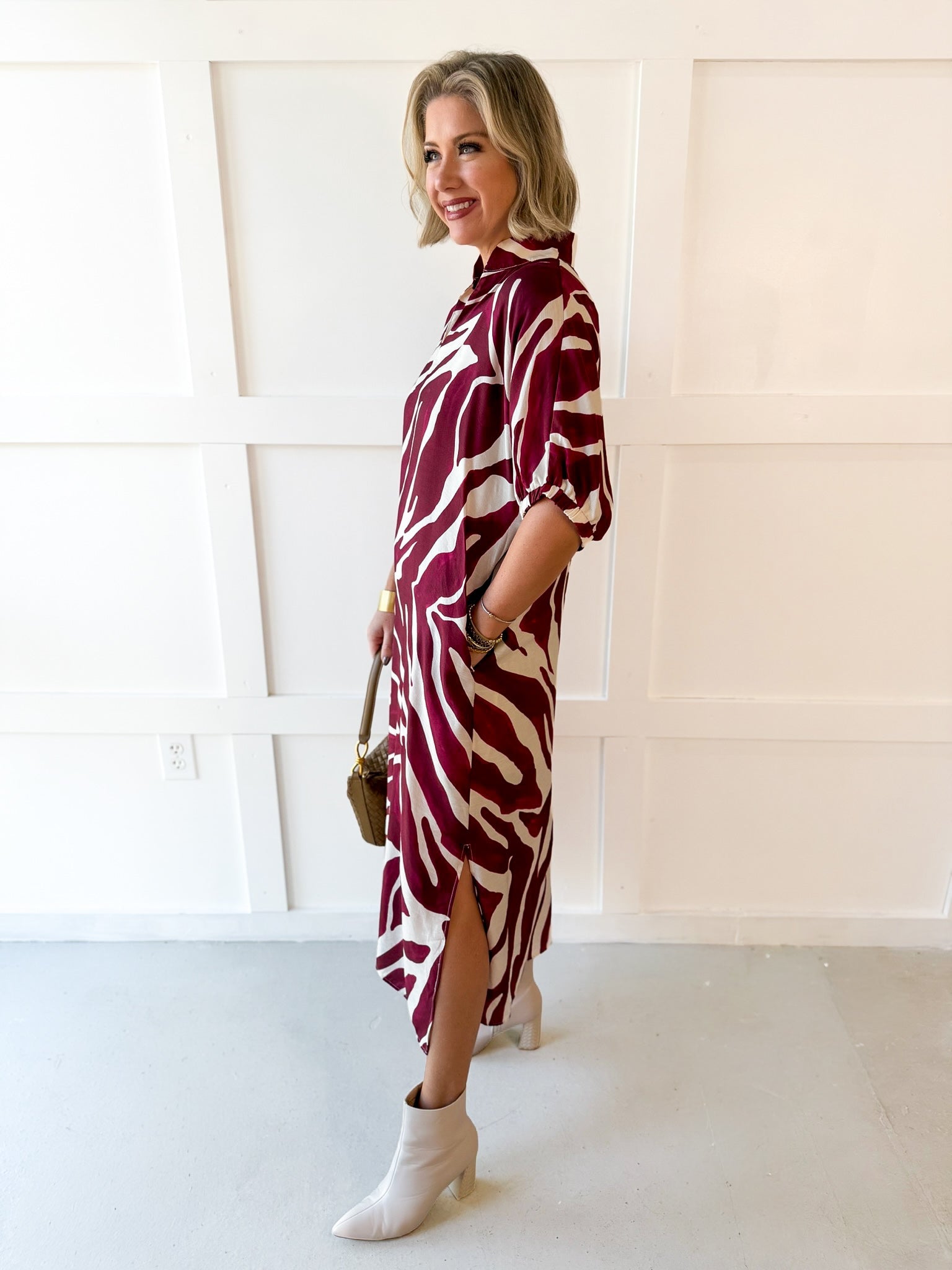 Zebra Print Midi Dress - Merlot