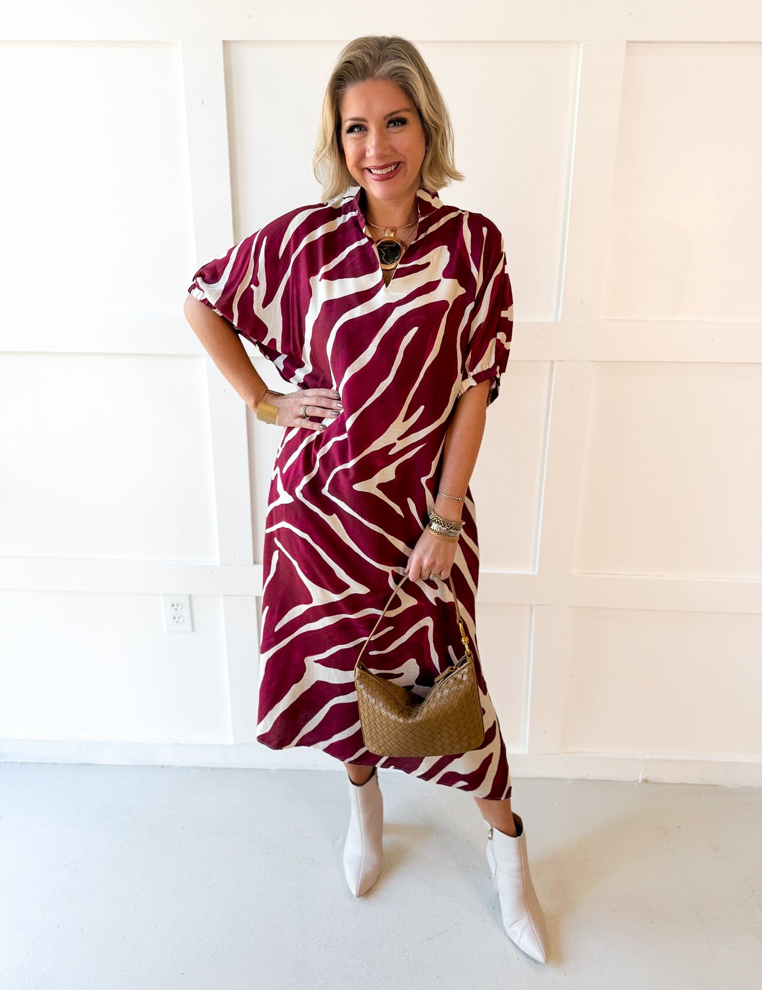 Zebra Print Midi Dress - Merlot