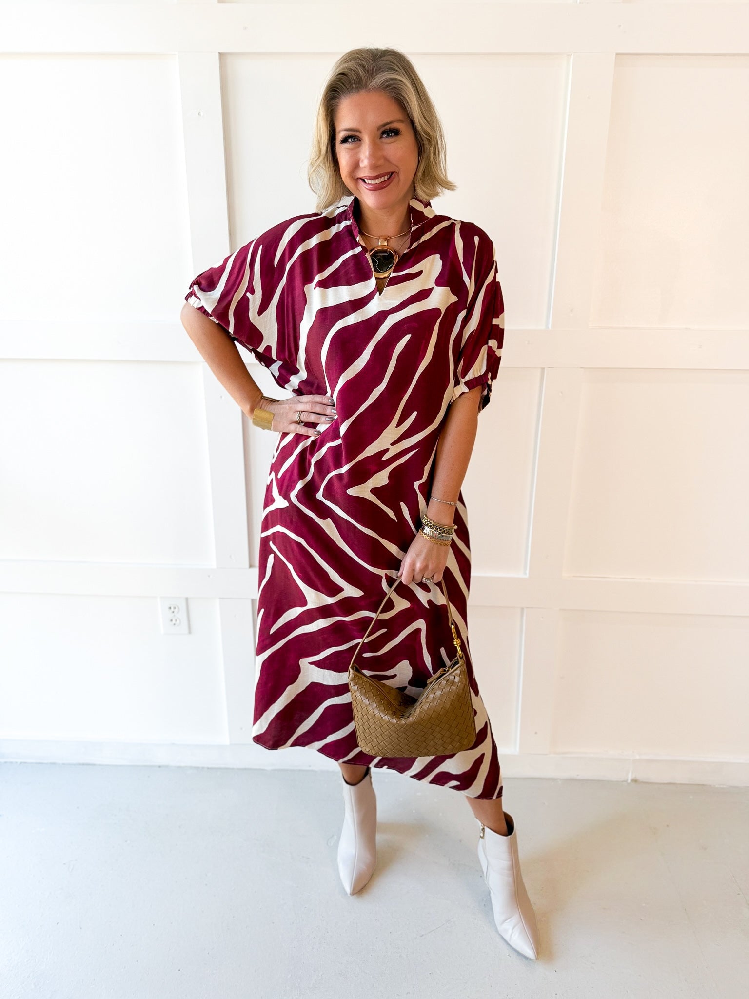 Zebra Print Midi Dress - Merlot