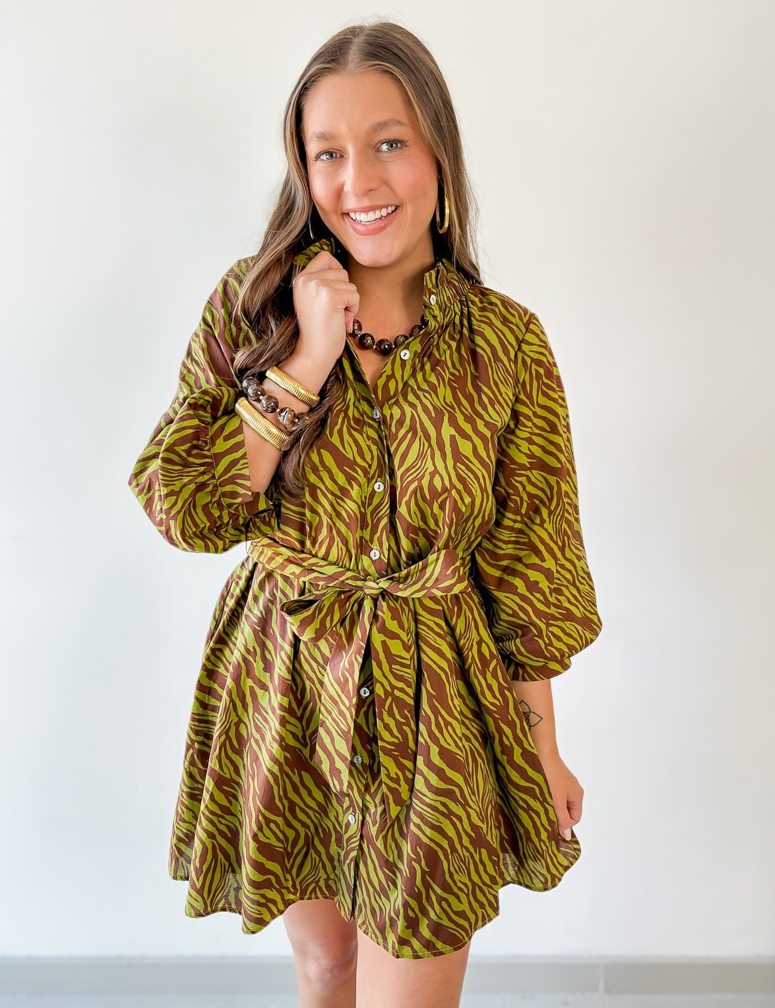 Zebra Print Self tie Dress - Olive