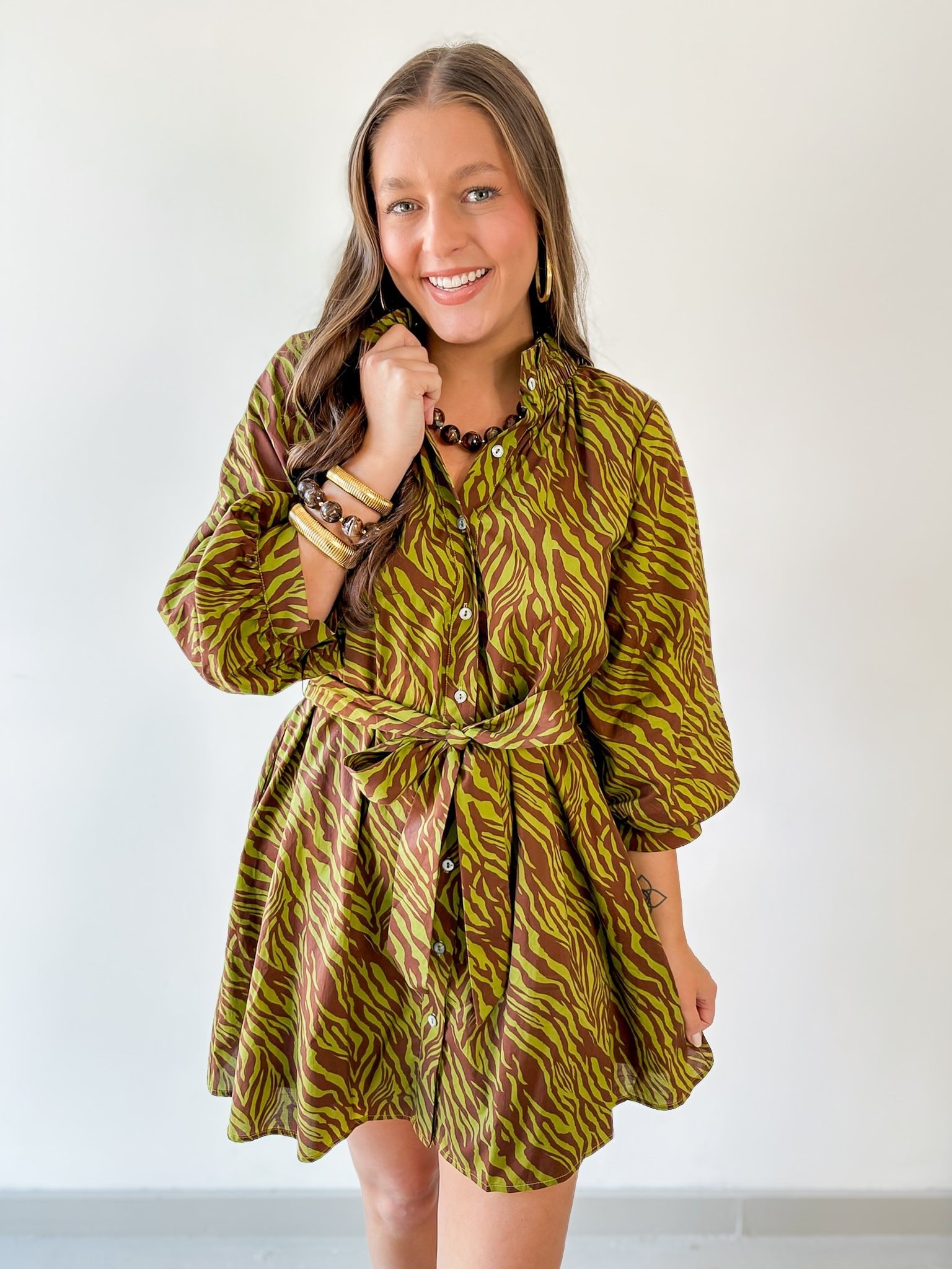 Zebra Print Self tie Dress - Olive