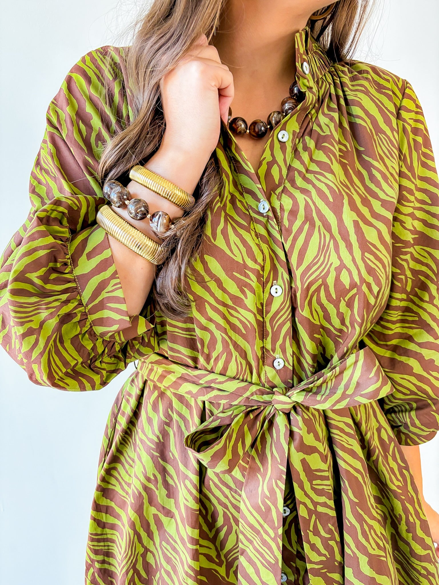 Zebra Print Self tie Dress - Olive