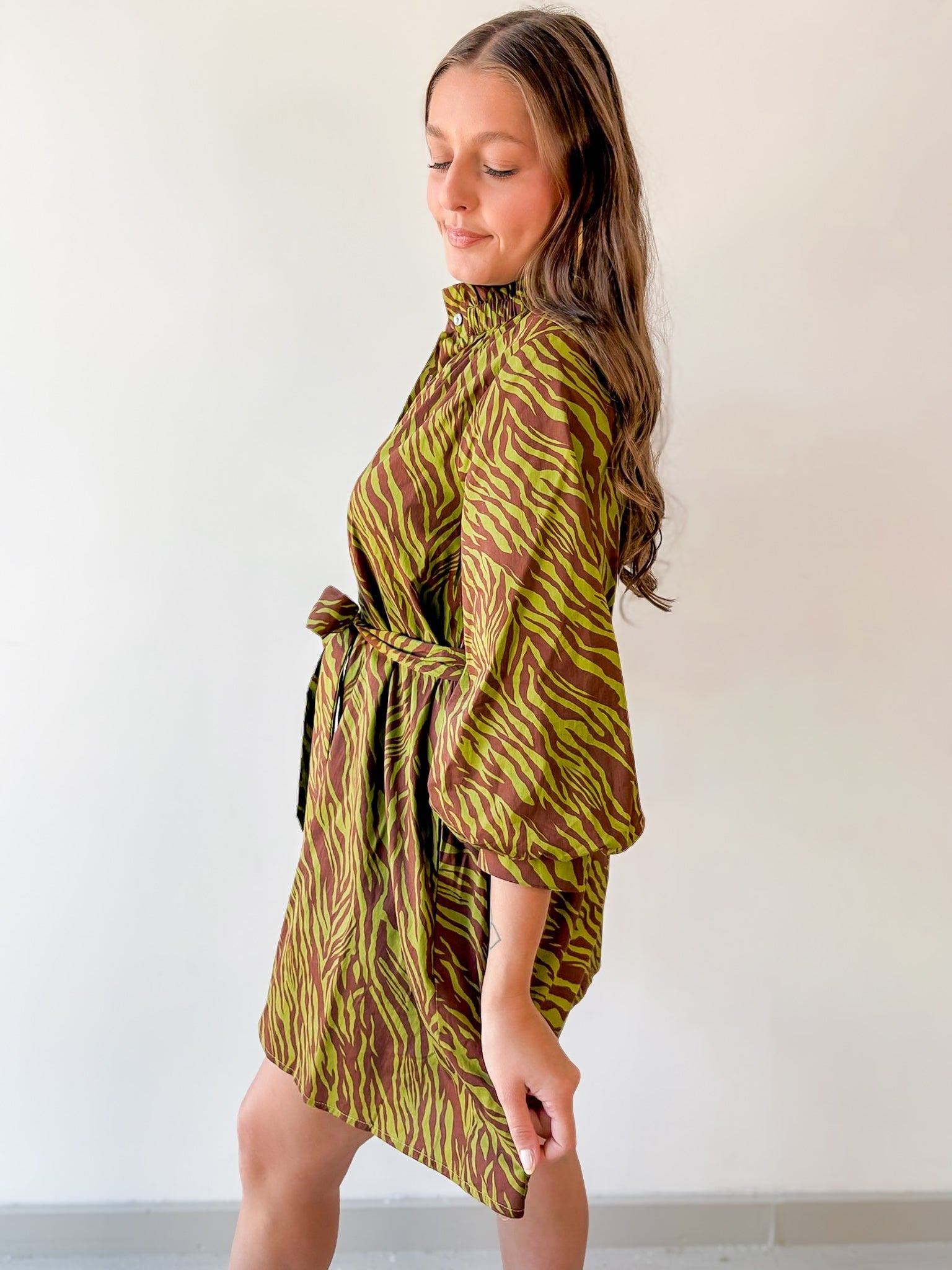 Zebra Print Self tie Dress - Olive