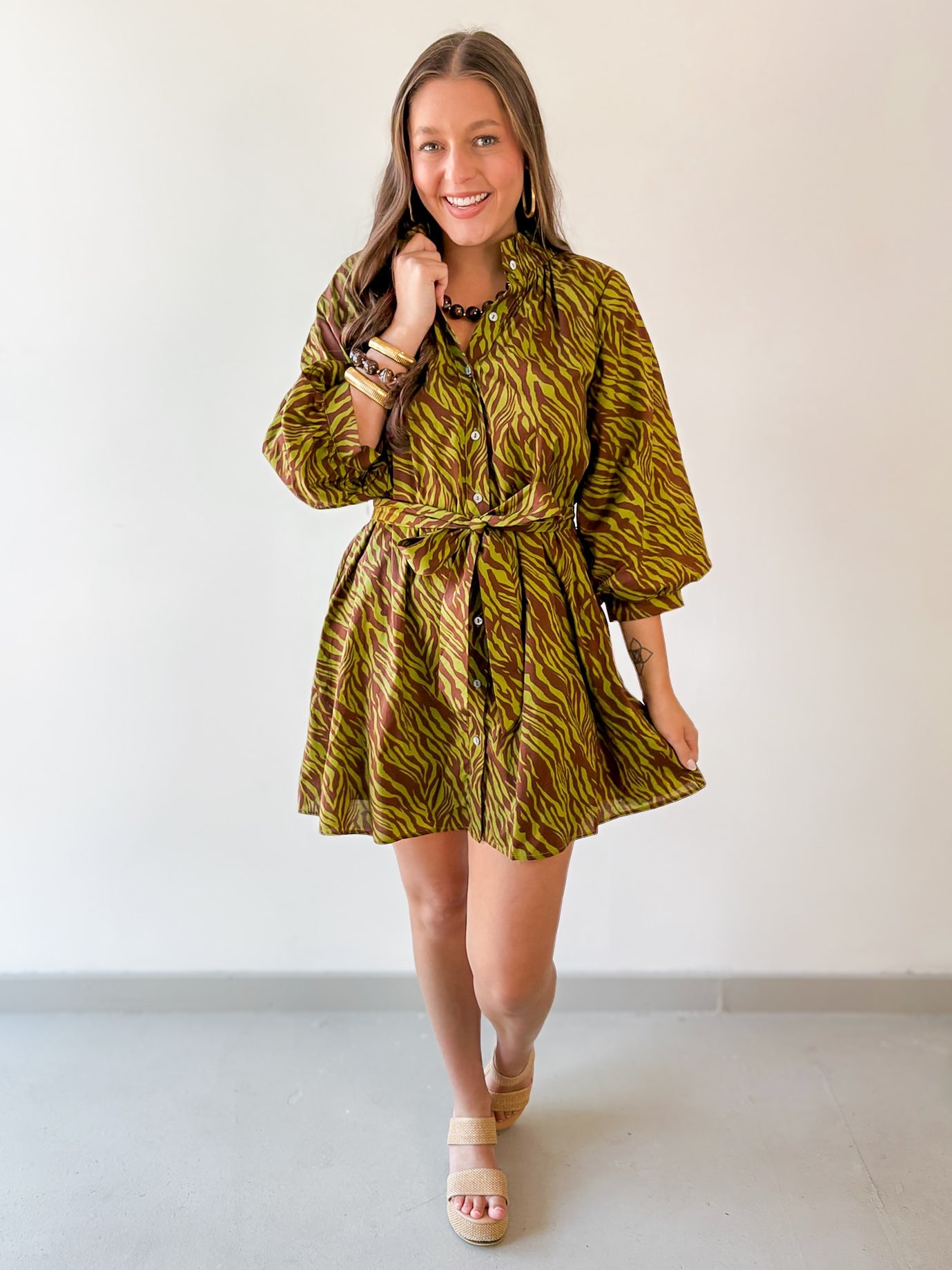 Zebra Print Self tie Dress - Olive