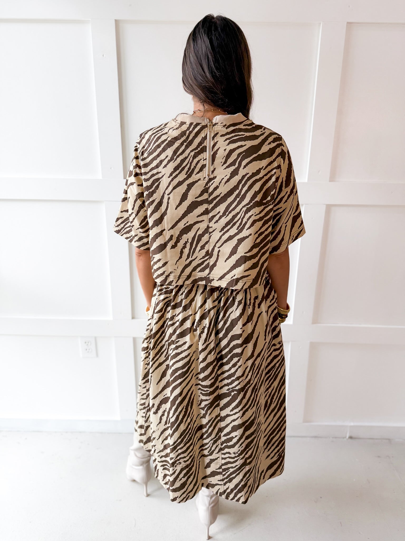 Zebra Print Top & Skirt Set - Ecru Brown