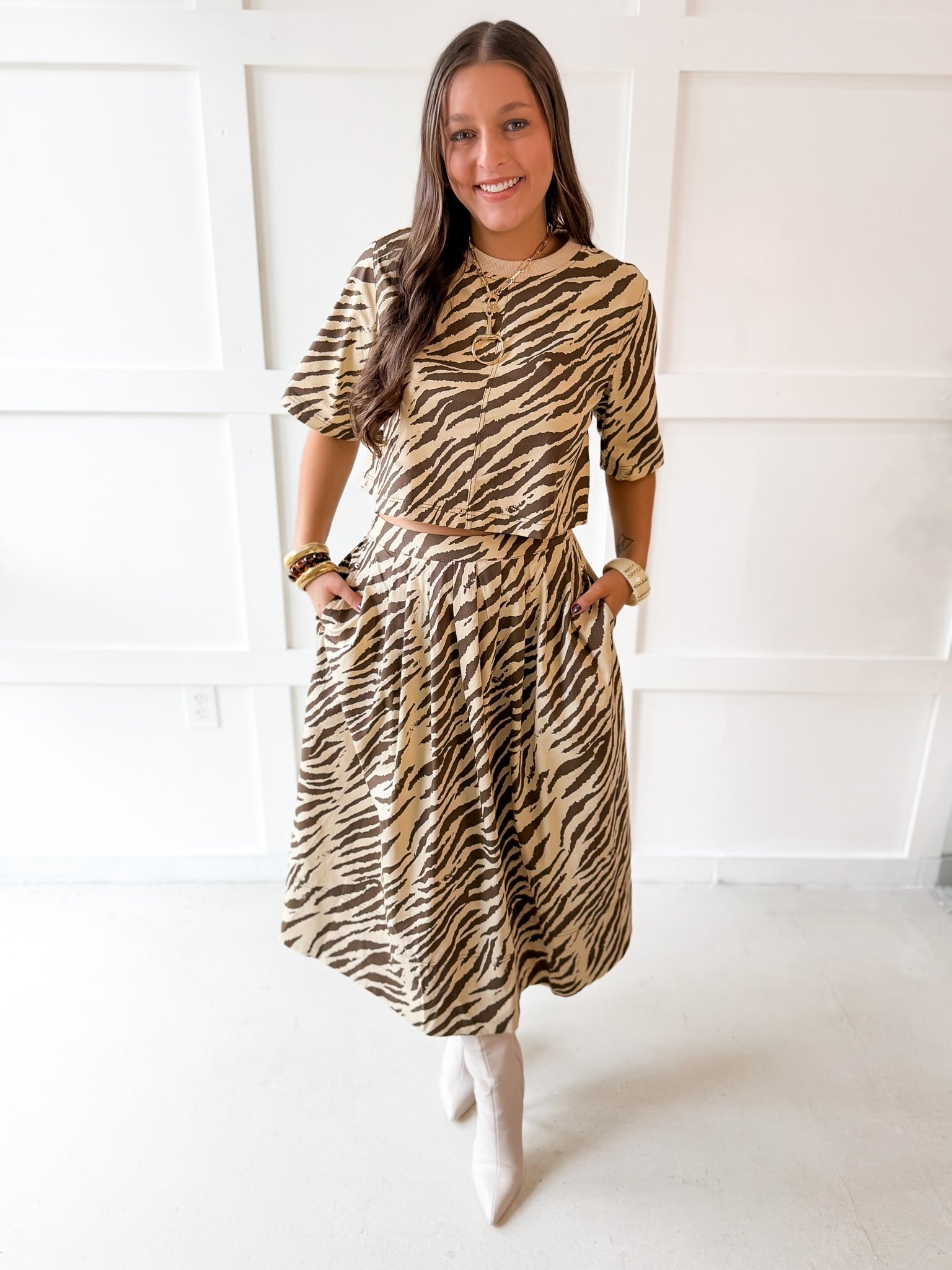Zebra Print Top & Skirt Set - Ecru Brown
