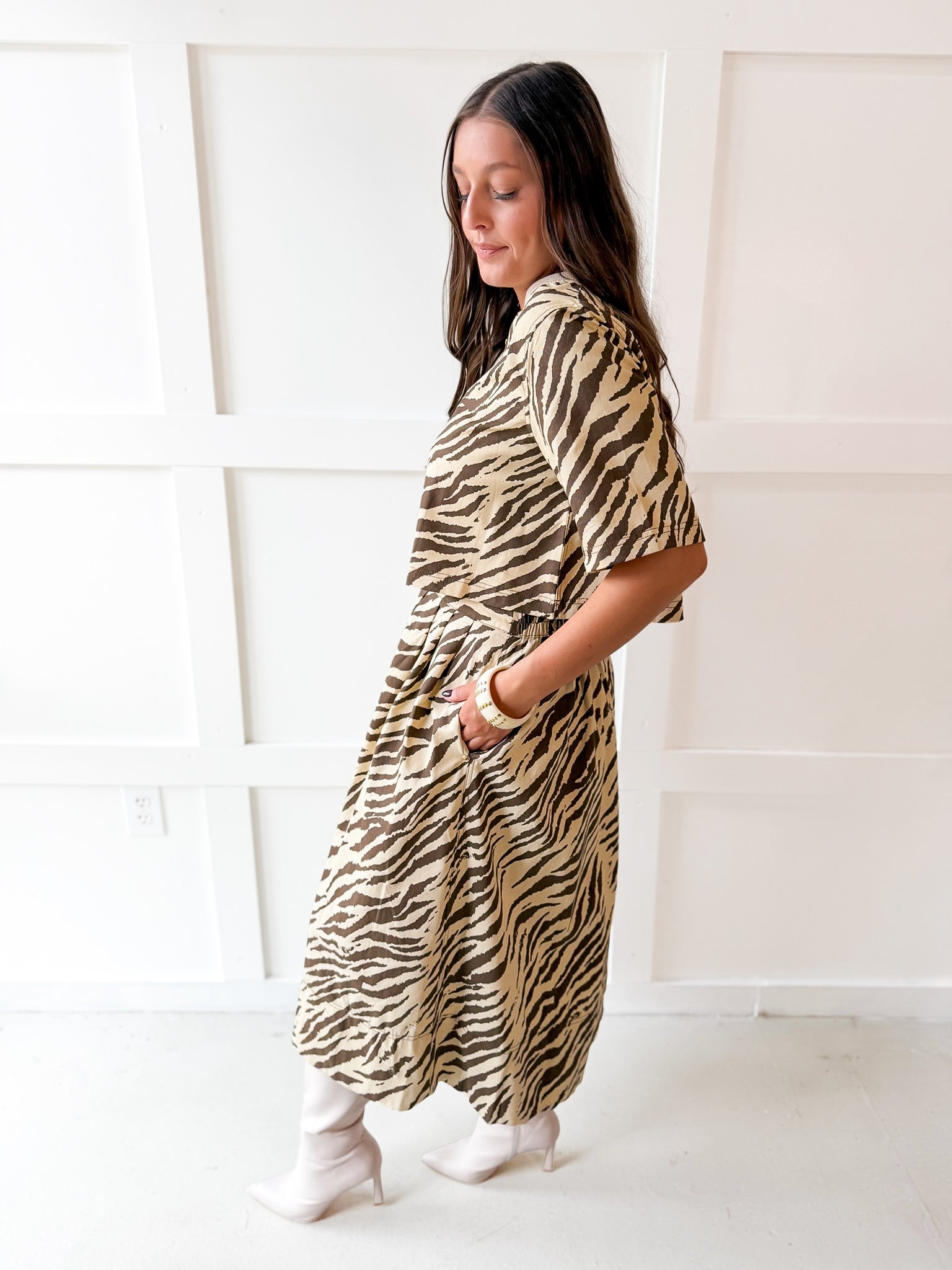 Zebra Print Top & Skirt Set - Ecru Brown